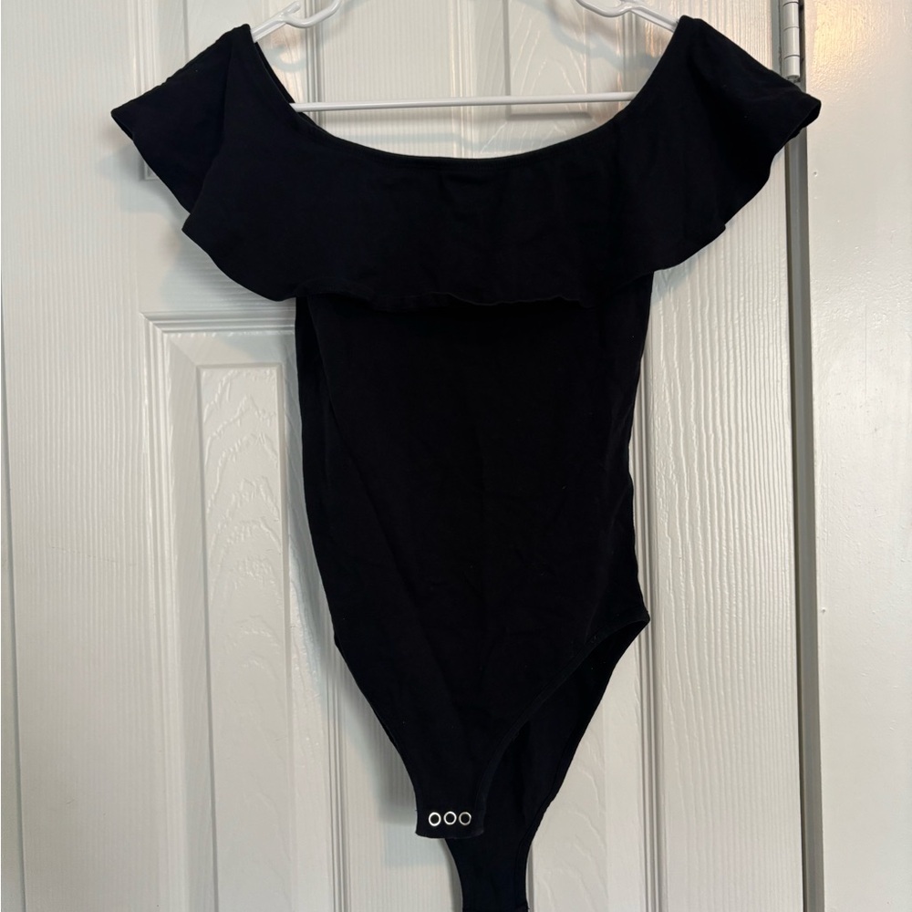 Topshop Black Ruffle Off-Shoulder Bodysuit